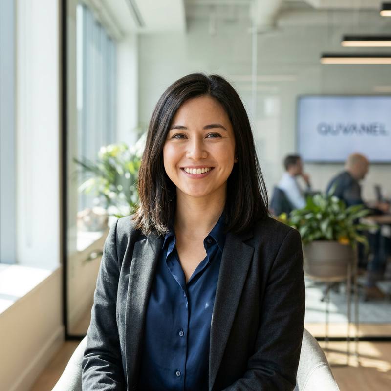 A Quvanel client adviser smiling in a bright open-plan office, colleagues working at a table behind her